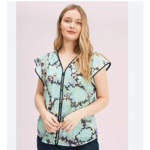 Kate Spade Dahlia Bloom Burnout Blouse Womens XXS Green Floral Flutter Top